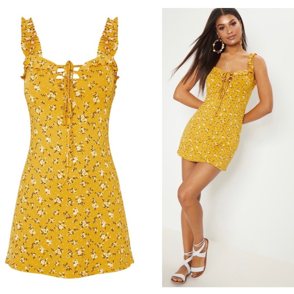 PLT Mustard Floral Print Frill Detail Shift Dress - Size 8